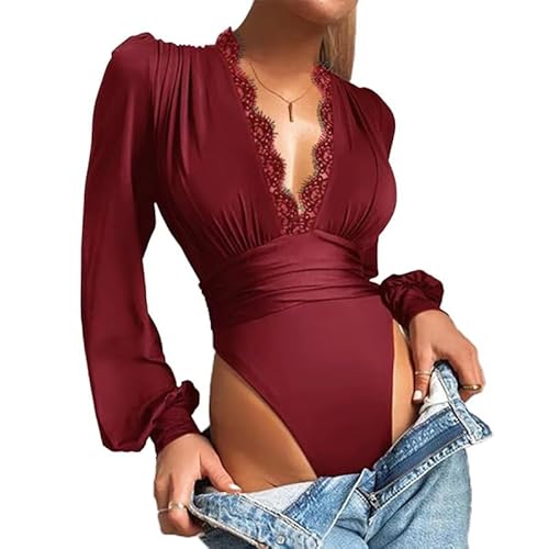 SUIUOI Body mit Puff Armeln,Elegant Blusenbody Langärmliger Bodysuit mit Tiefem Blusen V-ausschnitt und Spitze Langarmshirt mit Spitze Langarm Plissee Falten Tunika Langarmshirt Oberteile Tops von SUIUOI