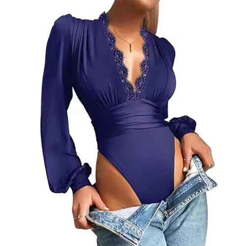 SUIUOI Body mit Puff Armeln,Elegant Blusenbody Langärmliger Bodysuit mit Tiefem Blusen V-ausschnitt und Spitze Langarmshirt mit Spitze Langarm Plissee Falten Tunika Langarmshirt Oberteile Tops von SUIUOI