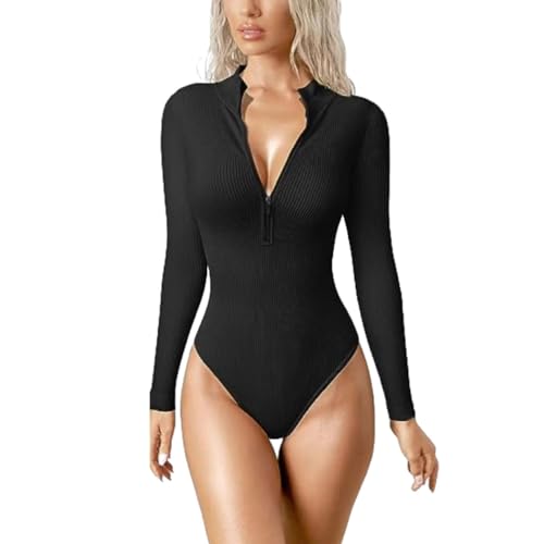 SUIUOI Bodysuit Women's Long Sleeve Elegant Bodysuit Tops,Langarmshirt mit Reißverschluss Bodies Top Jumpsuit G-String Body Jumpsuit Thong Ribbed Shapewear Pullover Underwear Body Tops Leisure von SUIUOI