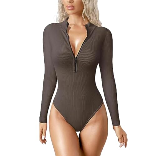 SUIUOI Bodysuit Women's Long Sleeve Elegant Bodysuit Tops,Langarmshirt mit Reißverschluss Bodies Top Jumpsuit G-String Body Jumpsuit Thong Ribbed Shapewear Pullover Underwear Body Tops Leisure von SUIUOI