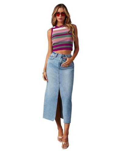 SUIUOI Damen A-Linien Jeansrock – High Waist Denim Rock mit Schlitz, Eleganter Langer Jeansrock mit Elastischem Bund von SUIUOI