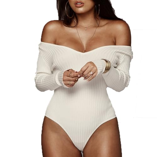 SUIUOI Damen Body mit Spitzenärmeln,Unterziehbody Gesmokte Bodysuit Tiefer V Ausschnitt Off Shoulder Elegant Bodys Tops String Oberteil Lange Ärmel mit One-Shoulder von SUIUOI