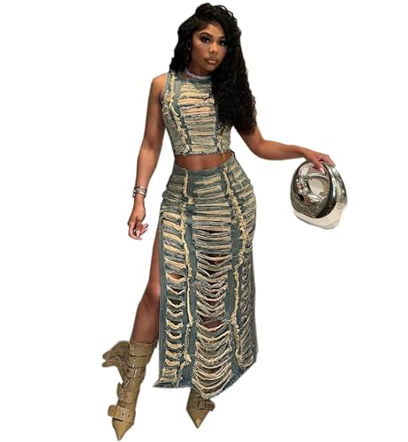 SUIUOI Damen Jeans-Rock-Set,Zerrissenes Top mit Schlitz-Jeansrock,2-teiliges Sommer Outfit mit ärmellosem,bauchfreiem Top und figurbetontem Club-Rock-Set von SUIUOI