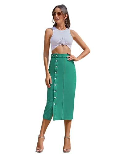 SUIUOI Damen Jeansrock,A-Linie Sommer Jeans Denim,Seitliche Knopfleiste Casual Lange Röcke mit Schlitz,Hohe Taille,Raw Saum Denim Rock - Button Up Jean Rock mit Split von SUIUOI