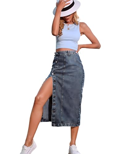 SUIUOI Damen Jeansrock,A-Linie Sommer Jeans Denim,Seitliche Knopfleiste Casual Lange Röcke mit Schlitz,Hohe Taille,Raw Saum Denim Rock - Button Up Jean Rock mit Split von SUIUOI