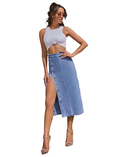 SUIUOI Damen Jeansrock,A-Linie Sommer Jeans Denim,Seitliche Knopfleiste Casual Lange Röcke mit Schlitz,Hohe Taille,Raw Saum Denim Rock - Button Up Jean Rock mit Split von SUIUOI