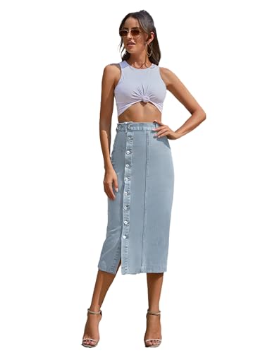 SUIUOI Damen Jeansrock,A-Linie Sommer Jeans Denim,Seitliche Knopfleiste Casual Lange Röcke mit Schlitz,Hohe Taille,Raw Saum Denim Rock - Button Up Jean Rock mit Split von SUIUOI