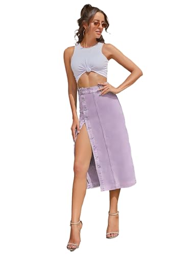 SUIUOI Damen Jeansrock,A-Linie Sommer Jeans Denim,Seitliche Knopfleiste Casual Lange Röcke mit Schlitz,Hohe Taille,Raw Saum Denim Rock - Button Up Jean Rock mit Split von SUIUOI