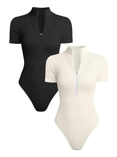 SUIUOI Damen Kurzarm Body – Eleganter, gerippter Jumpsuit mit Reißverschluss | Hoher Hals, Enganliegendes Stretch-Oberteil für Alltag & Party von SUIUOI