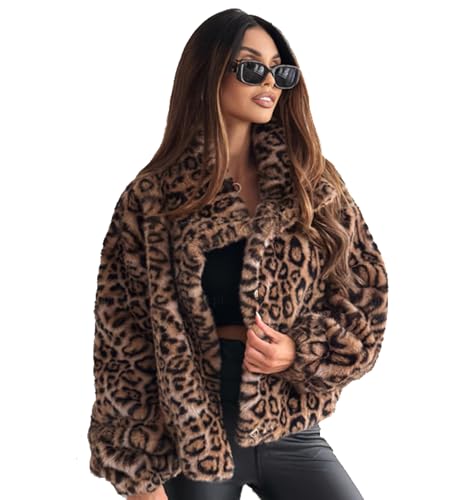 SUIUOI Damen Leoparden Mantel, Elegant Langarm Plush Parka Pelzmantel Fleecejacke Warm Winter Winterjacke mit Tasche Outwear Casual Plüschjacke mit Leopardenmuster von SUIUOI
