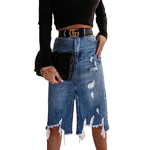 SUIUOI Damen Sommerrock Jeansrock,Rock Minirock Vintage High Waist Röcke A-Linie Flared Midi Röcke Taschensaum Rock mit Fransen von SUIUOI