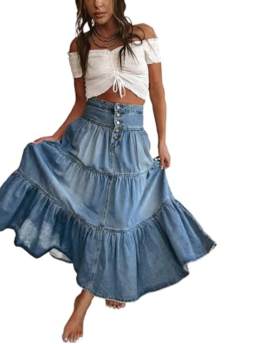 SUIUOI Denim A-Linie Rock,Jeansrock mit Tüll-Schichten,Langer Jeansrock im Tutu-Stil von SUIUOI