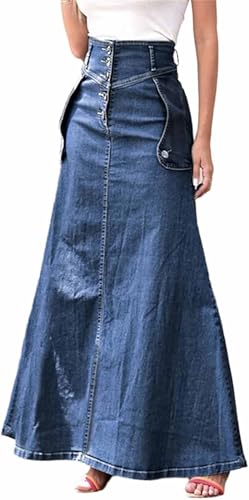 SUIUOI Denimrock A-Linie,Maxi Langer Jeansrock,High Waist Aufgerauter Lässiger Denim-Rock,Eleganter Sommerrock,Freizeitrock Streetwear von SUIUOI