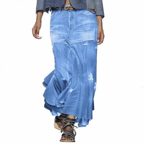 SUIUOI Denimrock A-Linie,Maxi Langer Jeansrock,Hohe Taille Midirock,Aufgerauter Lässiger Denim-Rock,Eleganter Sommerrock,Freizeitrock Streetwear von SUIUOI