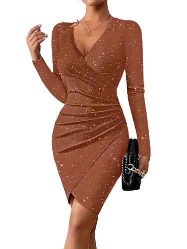 SUIUOI Glitzer Kleid – V-Ausschnitt Langarm Cocktailkleid, Elegantes Bodycon Partykleid und Wickelkleid für Besondere Anlässe von SUIUOI