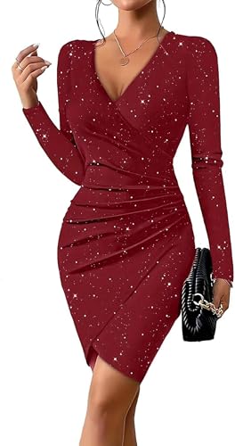 SUIUOI Glitzer Kleid – V-Ausschnitt Langarm Cocktailkleid, Elegantes Bodycon Partykleid und Wickelkleid für Besondere Anlässe von SUIUOI