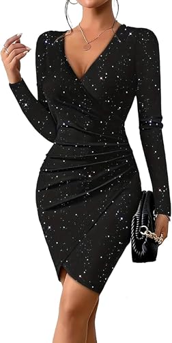 SUIUOI Glitzer Kleid – V-Ausschnitt Langarm Cocktailkleid, Elegantes Bodycon Partykleid und Wickelkleid für Besondere Anlässe von SUIUOI