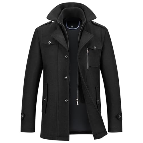 SUIUOI Mantel Herren Wollmantel Winter,Herrenmantel Lang Warme Wolljacke mit Doppelkragen Trenchcoat,Herren-Mäntel Lässiger Kaschmirmantel,Abnehmbarer Kragen Wintermantel Langmantel Schwarz XXL von SUIUOI