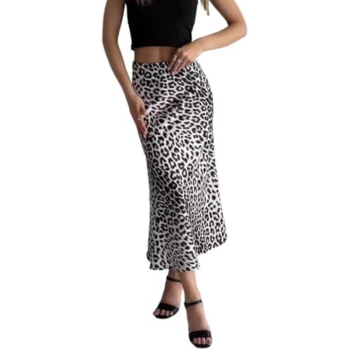 SUIUOI Maxirock mit Leopardenmuster,Niedlicher Satin Langer Leoparden Rock Damen Elegant Maxi Rock Kleid Mit Hoher Taille Casual Lange Röcke,Y2k, Maxi-Sommerröcke Weißes Leopardenmuster M von SUIUOI