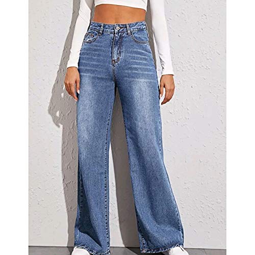 SUKDO High Waist Wide Leg Hose, Damen Baumwolle Straight Jeans Stretchy Retro Damen Elastic High Waist Bottom Denim Hose Long Flared Jeans,Blau,L von SUKDO