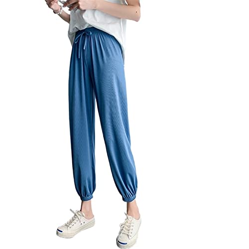 SUKORI Damen Hosen Women Pants Summer Loose Ice-Silk Ankle-Length Casual Bloomers Students Bundle Slim High Waist Lace-up Trousers All-Match Chic (Color : Blue, Size : XX-Large) von SUKORI