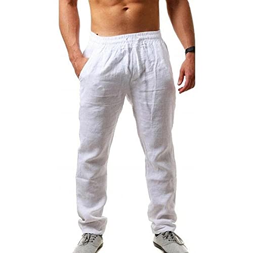 SUKORI Herrenhose Männer Baumwolle Leinenhose Solide Farbe Elastische Taille Lose Lange Hose Herren Hip-Hop Atmungsaktive Freizeithose (Color : White, Size : XXX-Large) von SUKORI