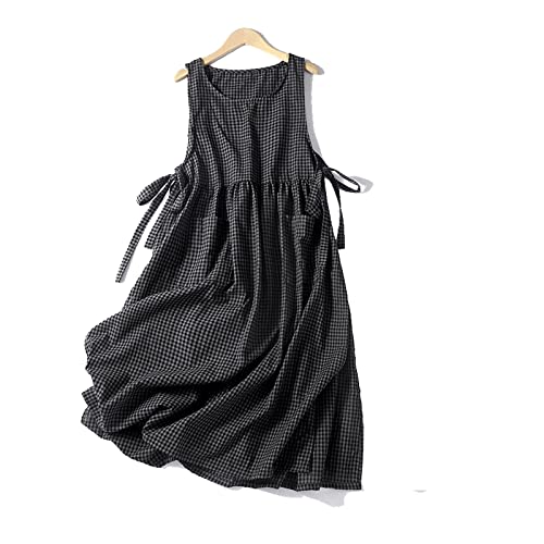 SUKORI Kleid Beiläufige lose Frauen-Kleidungs-Sommer-Japan-Art-Baumwollleinen-ärmellose Weste-Kleider Literarisches Plaid-Behälter-Kleid (Size : XX-Large) von SUKORI