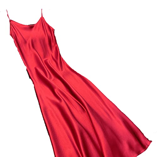 SUKORI Kleid Summer Dresses Women Satin Silk Black Dress Solid Pajamas Lace Long Skirt Plus Size Girl Casual Dresses (Color : Red, Size : L 50-55KG) von SUKORI
