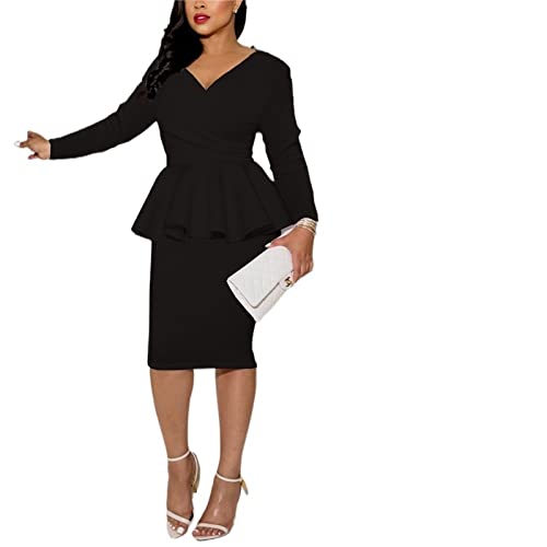 SUKORI Kleid Women Long Sleeve V Neck Peplum Dress Elegant Bodycon Dress (Color : Black, Size : XX-Large) von SUKORI