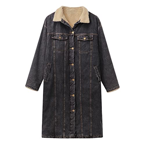 SUKORI Trenchcoat Damen Winter Lammwolle Jeansjacke Midi Lang Großes Revers Reißverschluss Bündchen Oberbekleidung Warmer Sherpa Fleece gefütterter Trenchcoat Damen (Color : Long Denim Jacket, Size von SUKORI