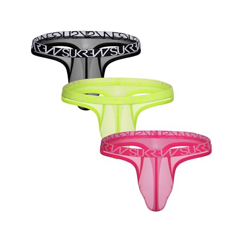 SUKREW - Männer Thongs Unterwäsche - Sheer Low-Rise Thong Vorteilspack Underground Black + Acid Yellow + Electric Pink - Größe L von SUKREW