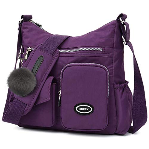 SUKRY Nylon-Umhängetasche für Damen mit Anti-Diebstahl-RFID-Tasche, wasserdichte Schultertasche, Reise-Geldbörsen und Handtasche, Farbe: Violett von SUKRY