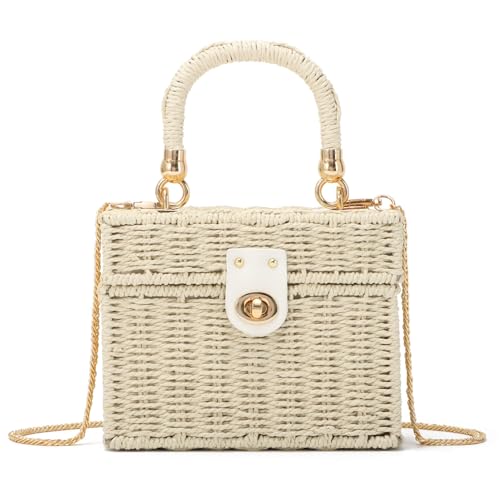 SUKUTU Handgeflochtene Rattantasche für Frauen Geflochtener Strohhalm Square Crossbody Bag Vintage Korb Handtasche Strand Tragetasche von SUKUTU