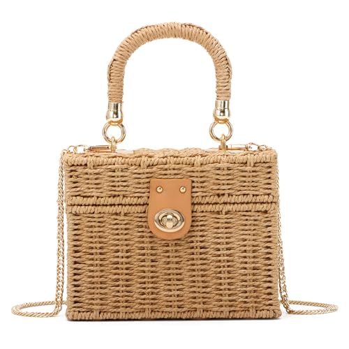 SUKUTU Handgeflochtene Rattantasche für Frauen Geflochtener Strohhalm Square Crossbody Bag Vintage Korb Handtasche Strand Tragetasche von SUKUTU