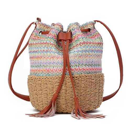 SUKUTU Stroh Eimer Tasche für Frauen Bunt Sommer gewebt Strand Tasche Handtasche für Urlaub Hobo Umhängetasche Handtasche Strand Tragetasche von SUKUTU