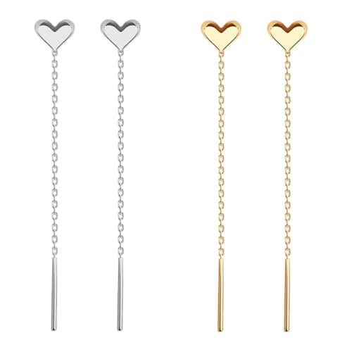 2 Paar Damen Ohrringe Kettenohrringe Tropfenlinie Tropfenohrringe Quastenohrringe Tropfenherzohrringe, Edelstahl, Damen Mädchen Lange Tropfenohrringe (Gold+Silber) von SULIUDAJI