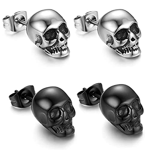 2 Paar Totenkopf Piercing Ohr Herren Ohrringe Schädel Ohrstecker Edelstahl Hip Hop Punk Jazz Ohr Schmuck Punk Edelstahl Ohrstecker Totenkopf Ohrringe Rock Ohrstecker für Männer Silber Schwarz von SULIUDAJI