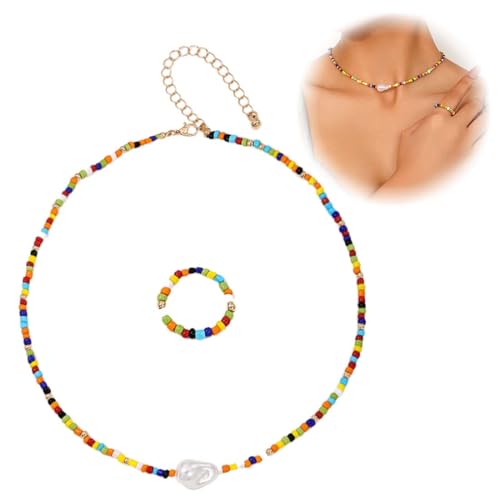 2 Stück Bunte Perlenkette Ring für Mädchen Damen,Personalisierte Boho Kette Schmuck Geburtstagsgeschenk für Frauen Teenager Mädchen, Bunte Perlen Ketten Boho Strand Perlen Halsketten Armbänder von SULIUDAJI