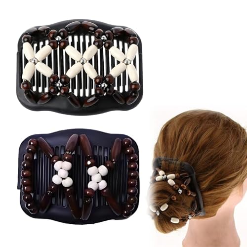 2 Stück Perlen Haarkämme, Easy Magic Holzperlen Haarspangen Dehnbar Kamm Doppel Clips Haarschmuck für Damen Mädchen, Magic Hair Comb DIY Haar Styling Werkzeug haarkamm haarkamm zum stecken haarkämme von SULIUDAJI