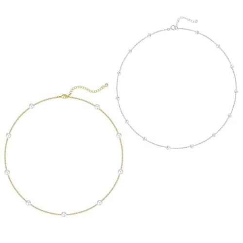 2 Stück Perlen Kette Damen Frauen Halskette Silberkette Goldkette Perlenkette Choker Kette Gold Halskette Kette Süßwasserperlen Halskette Frauen Geschenke Schmuck Damen,kette gold damen von SULIUDAJI