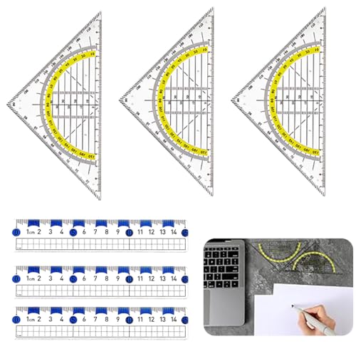 3 Stück Geodreieck aus Kunststoff mit 3 Stück Transparent Lineal, bruchsicher und transparent Geodreieck, Zeichendreieck Winkelmesser Set für Kinder Schule,Flexibel Geo Kreisschablone von SULIUDAJI