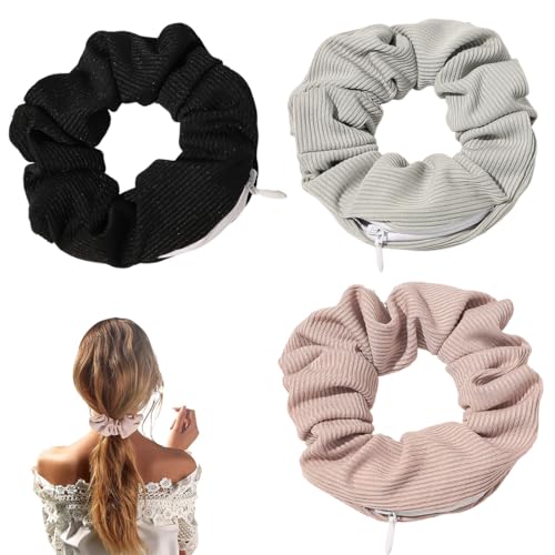 3 Stück Haargummis, Haargummis mit Reißverschluss Tasche, Scrunchies Haar Gummibänder Haarbänder Elastischer Bunte Haarschmuck Haarseil für Mädchen Damen Frauen Pferdeschwanz haargummi von SULIUDAJI