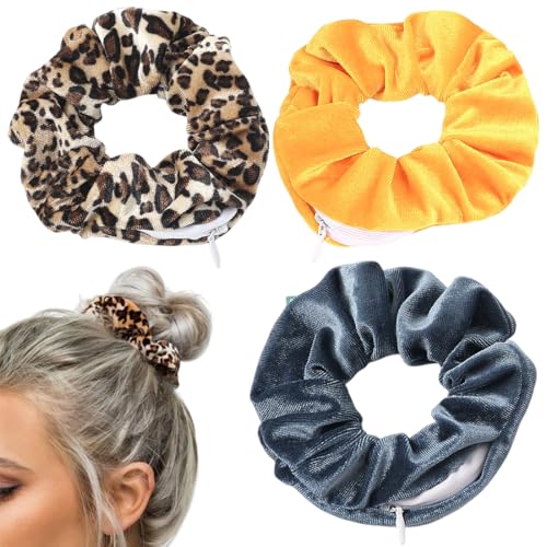 3 Stück Haargummis, Scrunchies Haar Gummibänder Haarbänder Elastischer Bunte Haarschmuck Haarseil für Mädchen Damen Frauen Pferdeschwanz Haargummis mit Reißverschluss Tasche, haargummi von SULIUDAJI