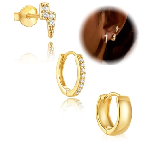 3 Stück Ohrringe Set für Damen Vergoldet Kleine Ohrstecker Stapelbar Zirkonia Ohrstecker Creolen Ohrringe Set für Mehrere Piercings,Ohrringe von SULIUDAJI