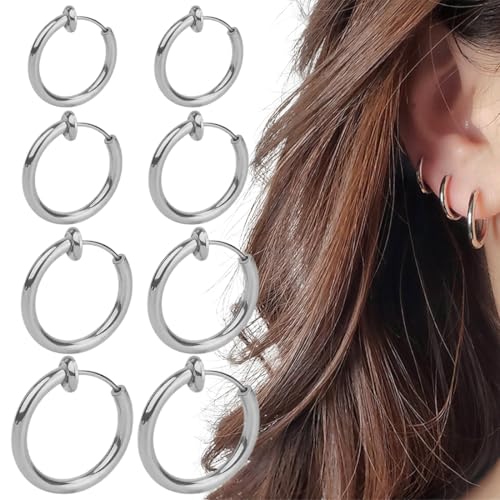 4 Paar Edelstahl-Clip-Ohrringe, nicht durchbohrte Creolen, Nasolabialohrringe, Herren-Ohrclips, nicht durchbohrte Creolen, kleine gefälschte Ohrringe, nicht durchbohrtes Silber, Edelstahl von SULIUDAJI