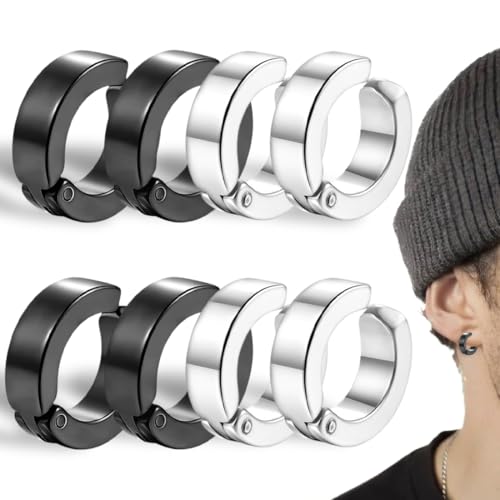 4 Paar durchbohrte Ohrclips für Männer und Frauen, Edelstahl-Ohrringe für Männer, nicht durchbohrte Ohrringe-Set, Schwarz, Silber, Creolen, Edelstahl, nicht durchbohrte Fake-Ohrringe zum Anklippen von SULIUDAJI