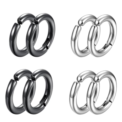 4 Paar gefälschte Creolen, nicht durchbohrte gefälschte Ohrringe, Edelstahlohrringe, nicht durchbohrte Ohrclips für Männer und Frauen (Silber + Schwarz) von SULIUDAJI