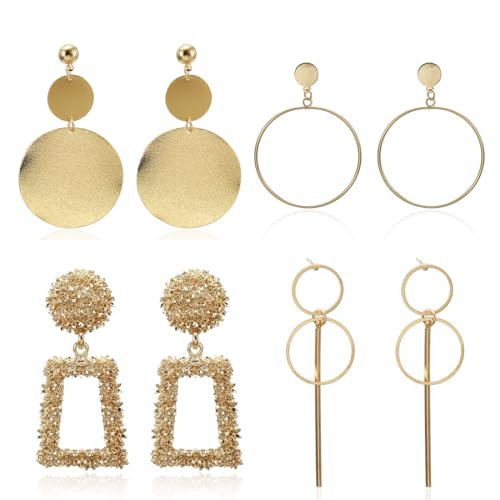 4 Paar geometrische Metallohrringe, leichte Quasten-Creolen, geometrische rechteckige goldene Quasten-Creolen, nicht baumelnde Ohrringe von SULIUDAJI