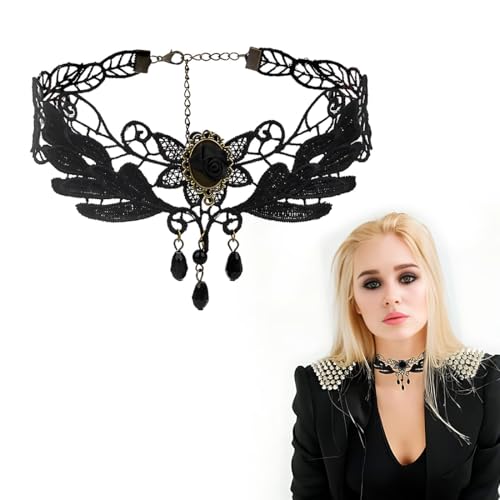 Choker Schwarze Spitze Gothic Steampunk Halskette Choker Halsband mit Kristallen Vampir Kette Frauen und Mädchen Vampir Accessoire Cosplay Schmuck Party Vintage Kostüme Damen choker gothic von SULIUDAJI