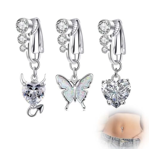 SULIUDAJI 3 Stück Fake Bauchnabelpiercing,Fake Bauchnabel Piercing, Silber Bauchnabelpiercing Chirurgenstahl Clip, Cz Herz Kristallkugel Anhänger Bauchnabelpiercing Schmetterling Lang Für Damen Frauen von SULIUDAJI